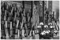 Tablets with names on altar, Kuan Yin Teng temple. George Town, Penang, Malaysia (black and white)