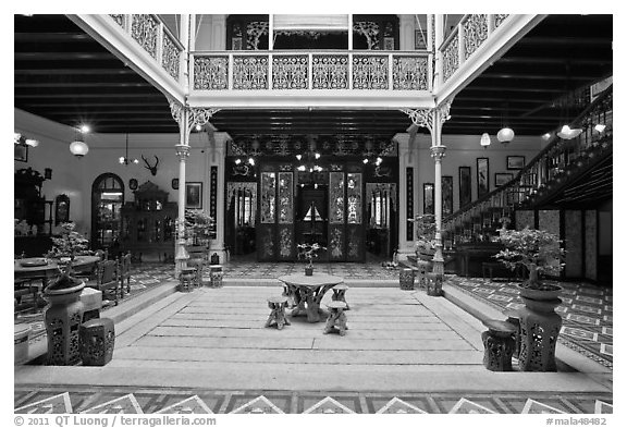 Courtyard of wealthy Baba-Nonya straits mansion. George Town, Penang, Malaysia (black and white)