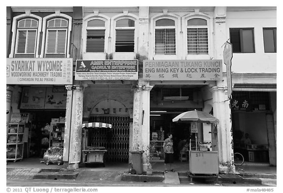 Chinatown shophouses. George Town, Penang, Malaysia (black and white)