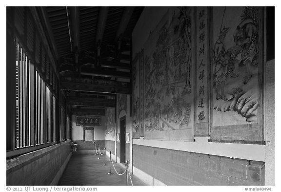 Murals in back gallery, Khoo Kongsi. George Town, Penang, Malaysia (black and white)