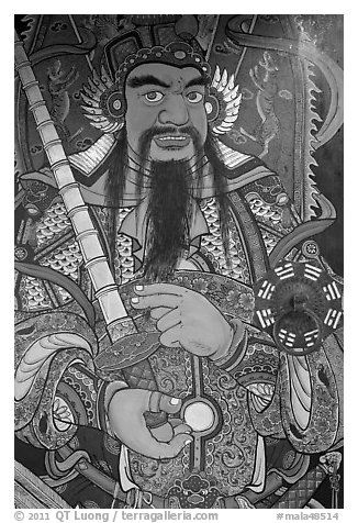Guardian painting on door, Hock Tik Cheng Sin Temple. George Town, Penang, Malaysia (black and white)