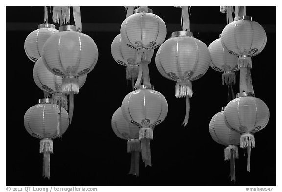 Paper lanterns by night, Gelugpa Buddhist Association temple. George Town, Penang, Malaysia (black and white)