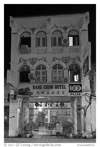 Chinatown hotel at night. George Town, Penang, Malaysia (black and white)