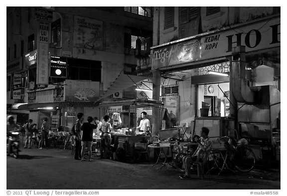 Street food stalls at night. George Town, Penang, Malaysia (black and white)
