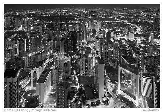 High rise towers seen from above at night. Kuala Lumpur, Malaysia (black and white)