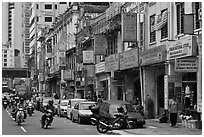 Motorcyles and shops, Little India. Kuala Lumpur, Malaysia (black and white)