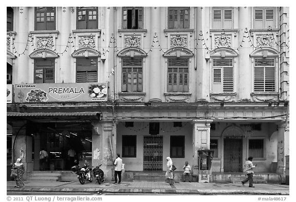 Row of old shophouses, Little India. Kuala Lumpur, Malaysia (black and white)