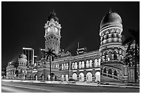 Sultan Abdul Samad Building illuminated at night. Kuala Lumpur, Malaysia (black and white)