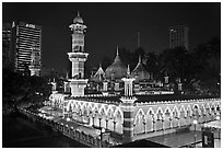 Prayer hall, Masjid Jamek, night. Kuala Lumpur, Malaysia (black and white)