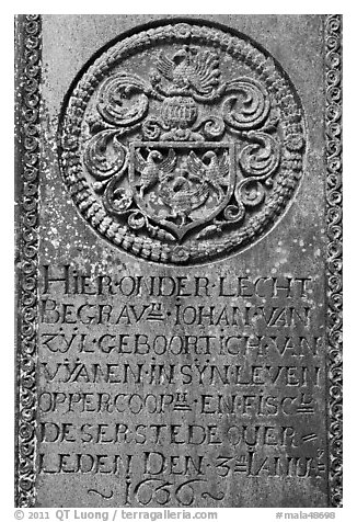 Tombstone of Dutch nobility. Malacca City, Malaysia (black and white)