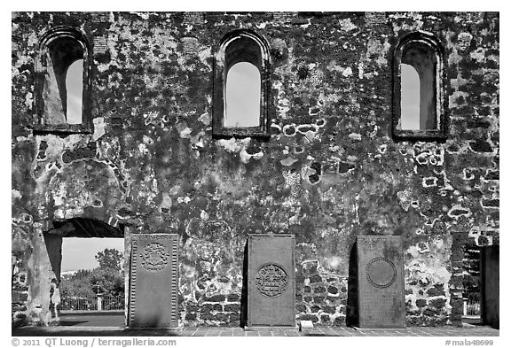 Church walls and tombstones, Bukit St Paul. Malacca City, Malaysia (black and white)