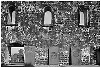 Church walls and tombstones, Bukit St Paul. Malacca City, Malaysia (black and white)