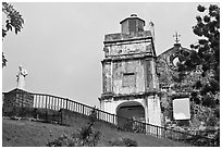St Francis Xavier statue and St Paul Church. Malacca City, Malaysia (black and white)
