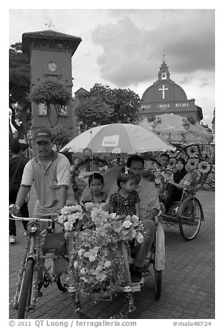 Bicycle Rickshaws ride, Town Square. Malacca City, Malaysia (black and white)