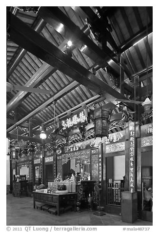 Altar of Guanyin (Goddess of Mercy) inside Cheng Hoon Teng temple. Malacca City, Malaysia (black and white)