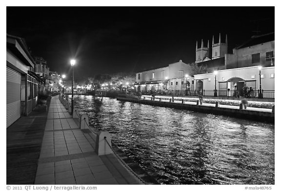 Melaka River at night with St Peters Church towers. Malacca City, Malaysia (black and white)