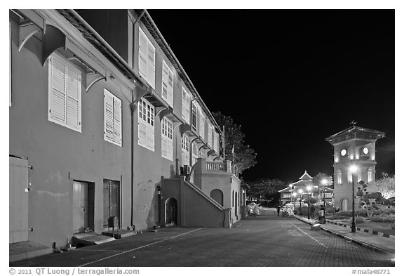 Stadthuys and clock tower at night. Malacca City, Malaysia (black and white)