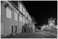 Stadthuys and clock tower at night. Malacca City, Malaysia ( black and white)