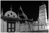 Gate, Mosque, and minaret, Masjid Kampung Hulu at night. Malacca City, Malaysia ( black and white)