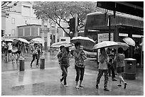 Women cross street of shopping area during shower. Singapore (black and white)