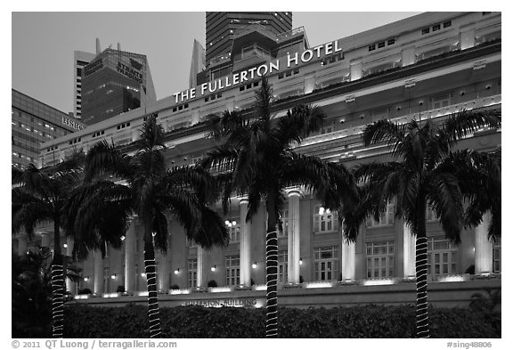 Fullerton Hotel facade at dusk. Singapore