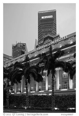 Fullerton Hotel and Maybank tower at dusk. Singapore (black and white)