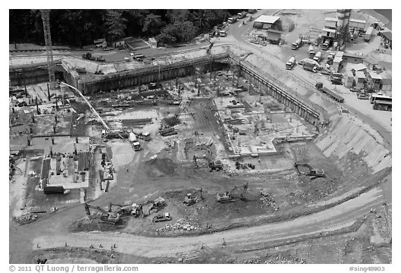 Construction site from above, Sentosa Island. Singapore (black and white)