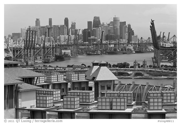 Shipping harbor and skyline. Singapore (black and white)