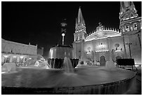 Plazza de los Laureles, fountain, and Cathedral by night. Guadalajara, Jalisco, Mexico ( black and white)