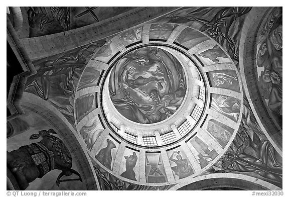 Dome of the chapel of Hospicios de Cabanas featuring The Man of Fire by Jose Clemente Orozco. Guadalajara, Jalisco, Mexico (black and white)