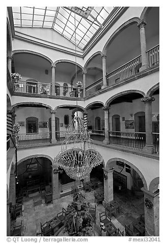 Interior of four-century old Hotel Frances. Guadalajara, Jalisco, Mexico (black and white)