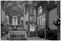Interior of church with altar and nativity, Tlaquepaque. Jalisco, Mexico (black and white)