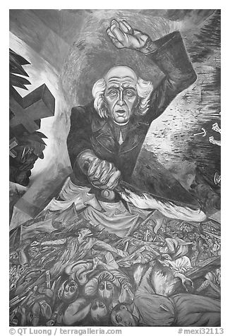 Portrait of Miguel Hidalgo painted by muralist Jose Clemente Orozco in the Government Palace. Guadalajara, Jalisco, Mexico