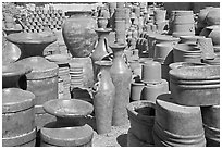 A variety of clay pots for sale, Tonala. Jalisco, Mexico ( black and white)