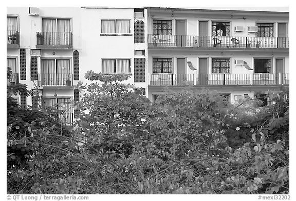 Appartment building above Rio Cuale, Puerto Vallarta, Jalisco. Jalisco, Mexico (black and white)