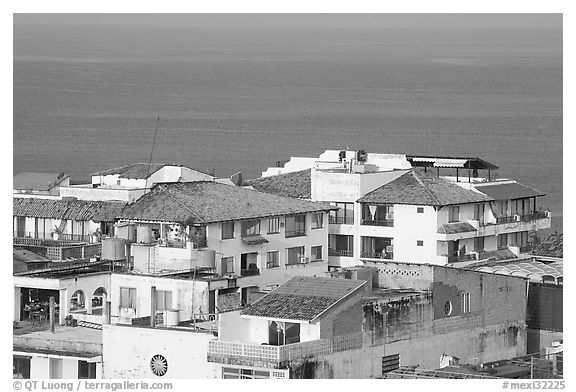 White adobe buildings with red tiled roofs, Puerto Vallarta, Jalisco. Jalisco, Mexico (black and white)
