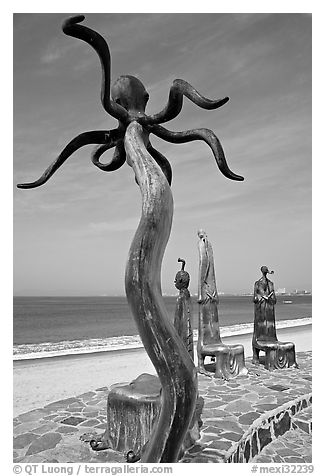 Sculpture on Circle of the Sea next to the beach, Puerto Vallarta, Jalisco. Jalisco, Mexico (black and white)