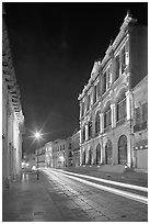 Avenue Hidalgo with Teatro Calderon at night. Zacatecas, Mexico (black and white)