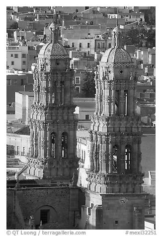 Twin towers of the Cathedral in Churrigueresque style. Zacatecas, Mexico (black and white)