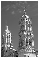 Churrigueresque towers of the Cathedral. Zacatecas, Mexico (black and white)