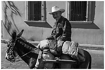 Man riding a donkey. Zacatecas, Mexico (black and white)