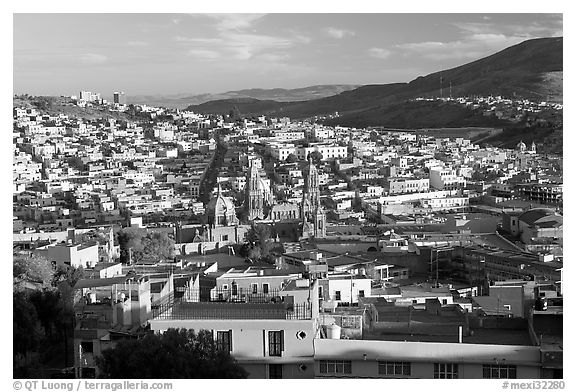 Panoramic view of town  from near the Teleferico, late afternoon. Zacatecas, Mexico (black and white)