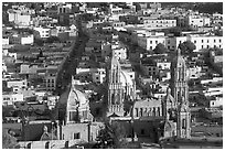 Cathedral and roofs seen from above, late afternoon. Zacatecas, Mexico ( black and white)