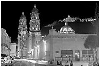 Gonzalez Ortega Market, Cerro de la Bufa, and Cathedral at night. Zacatecas, Mexico ( black and white)