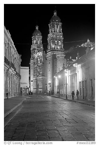 Hidalgo Avenue and Cathedral at night. Zacatecas, Mexico (black and white)