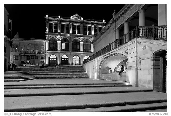 Goitia Square and Teatro Calderon at night. Zacatecas, Mexico (black and white)