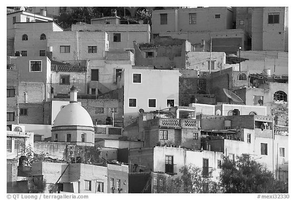Multicolored houses on a steep hillside, late afternoon. Guanajuato, Mexico (black and white)
