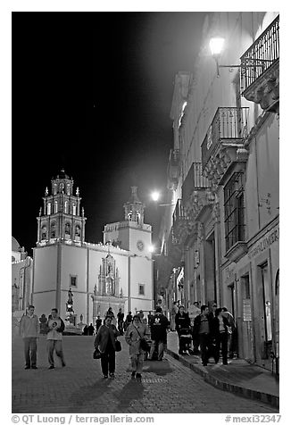 Plaza de la Paz and Basilica de Nuestra Senora de Guanajuato at night. Guanajuato, Mexico (black and white)