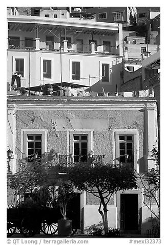 Houses bordering Plazuela San Fernando. Guanajuato, Mexico (black and white)
