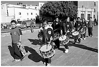 Schoolchildren in a marching band. Guanajuato, Mexico (black and white)